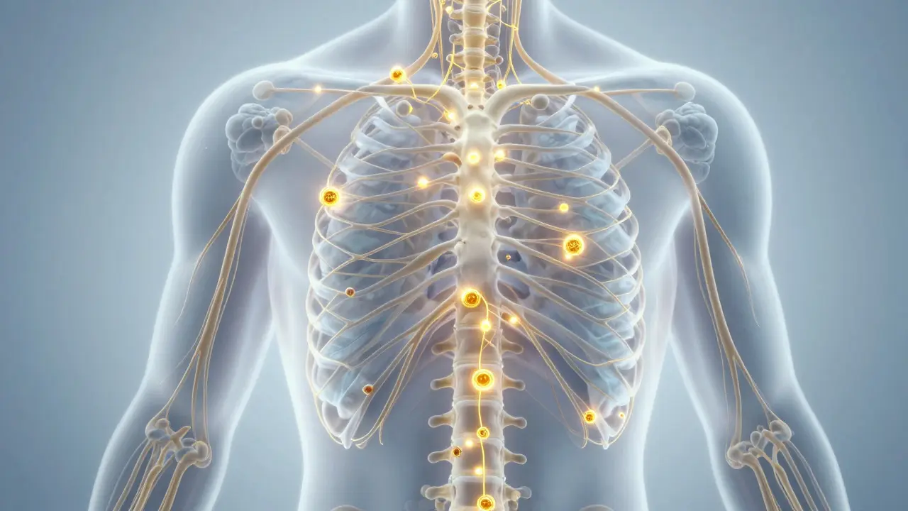 Konzeptionelle Illustration des Endocannabinoid-Systems mit goldenen Partikeln, die an Rezeptoren andocken