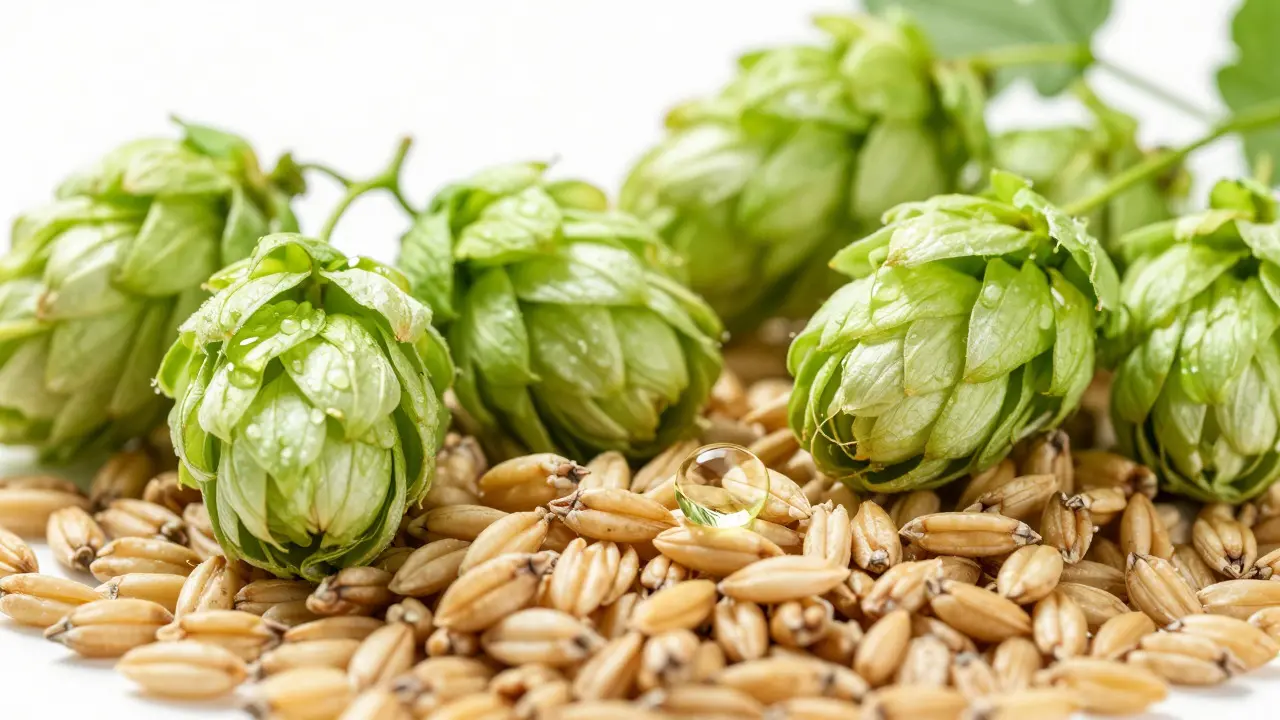 Makroaufnahme von Hopfen, Gerste und Hanföl-Tropfen als Bierzutaten