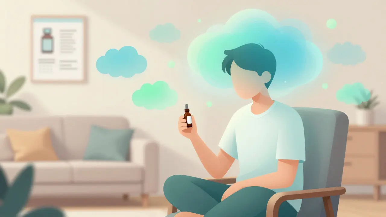 Meditierende Person mit CBD-Öl, umgeben von beruhigenden Farben