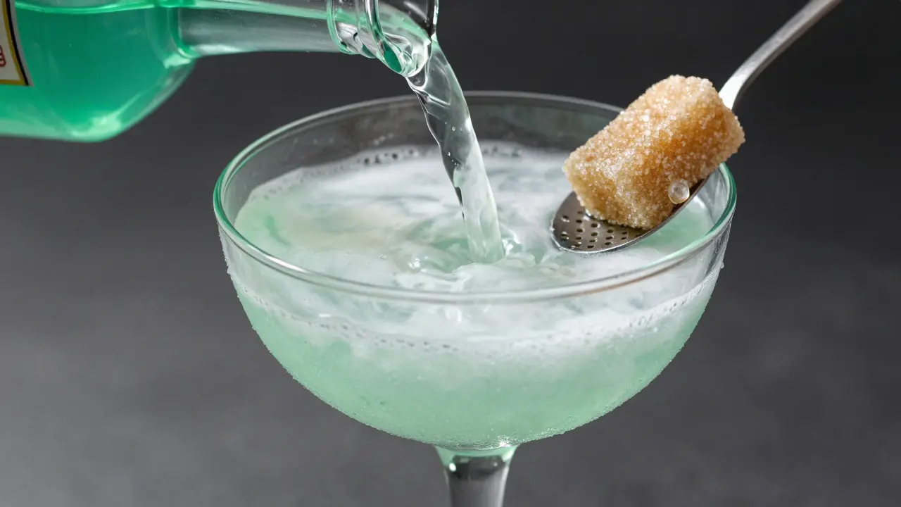 Nahaufnahme des Louching-Effekts: Grüner Absinth wird trüb