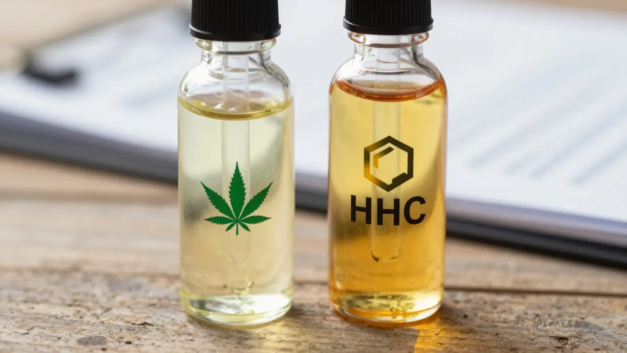 Nahaufnahme von CBD- und HHC-Ölflaschen auf Holzoberfläche