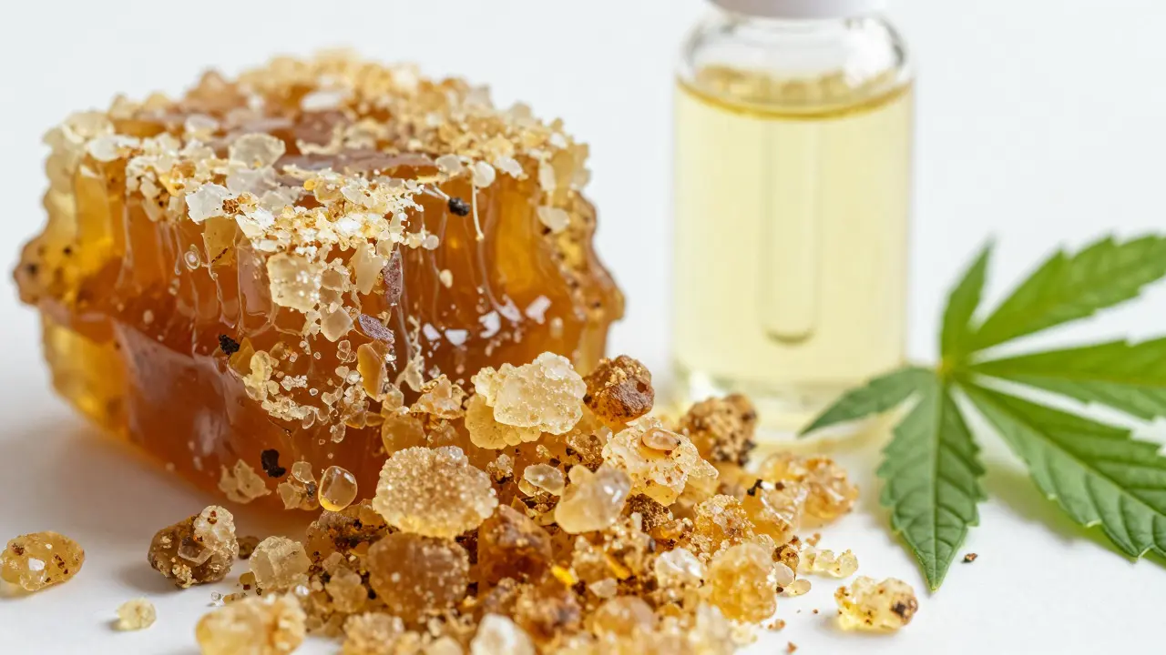 Nahaufnahme von kristallinem, goldfarbenem CBD-Crumble und Hanfblatt bei natürlichem Licht.