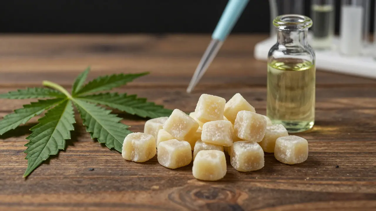 Natural gummies displayed with hemp leaves and lab tools on wood