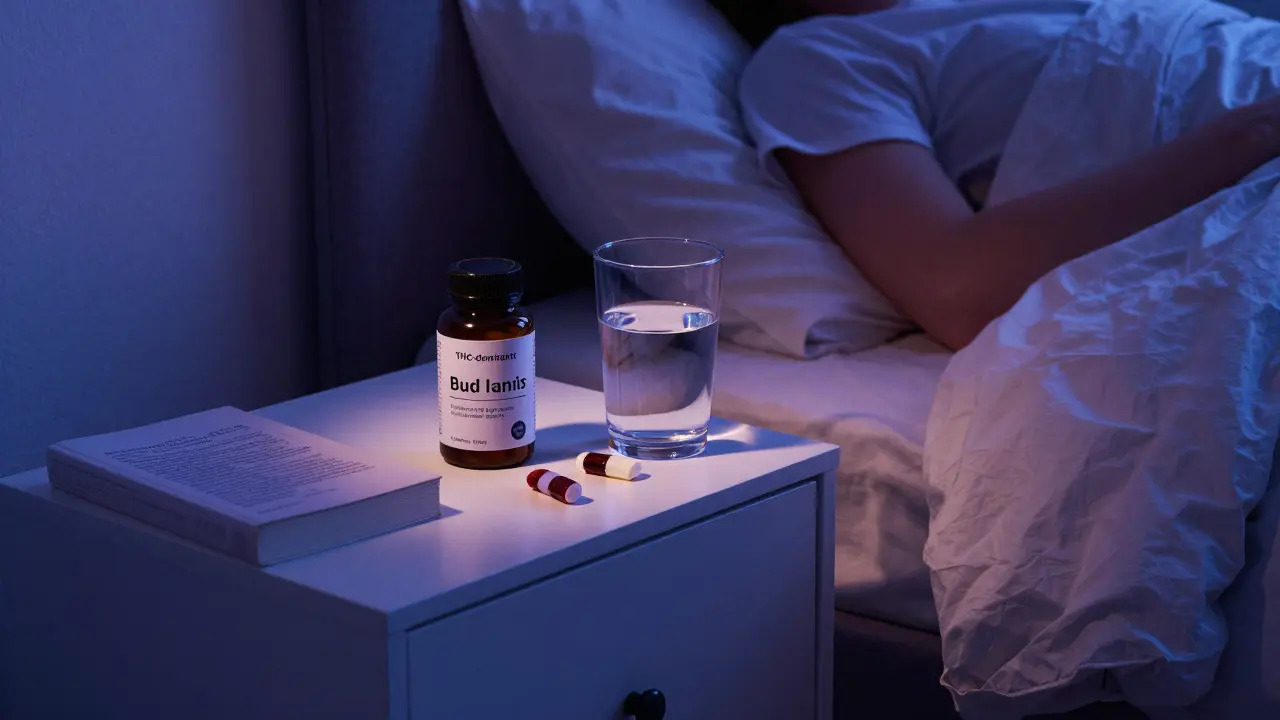 Ruhiges Schlafzimmer bei Dämmerung mit Lutscher auf dem Nachttisch