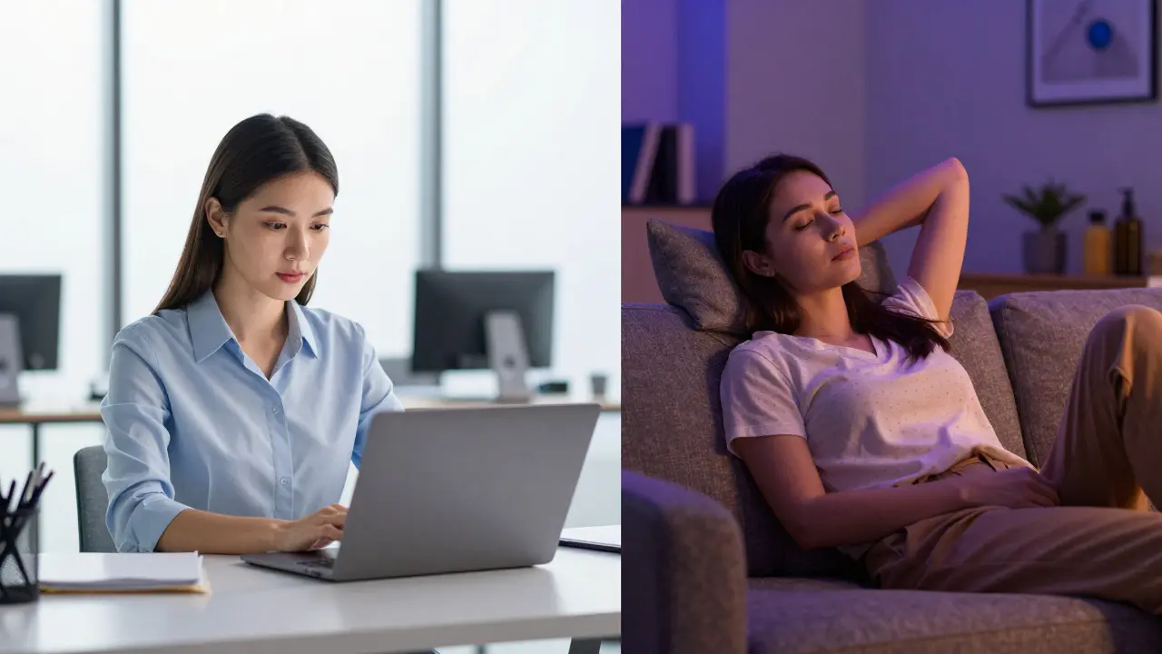 Split-Screen-Szene: Fokus bei der Arbeit mit CBD vs. Entspannung am Abend mit HHC