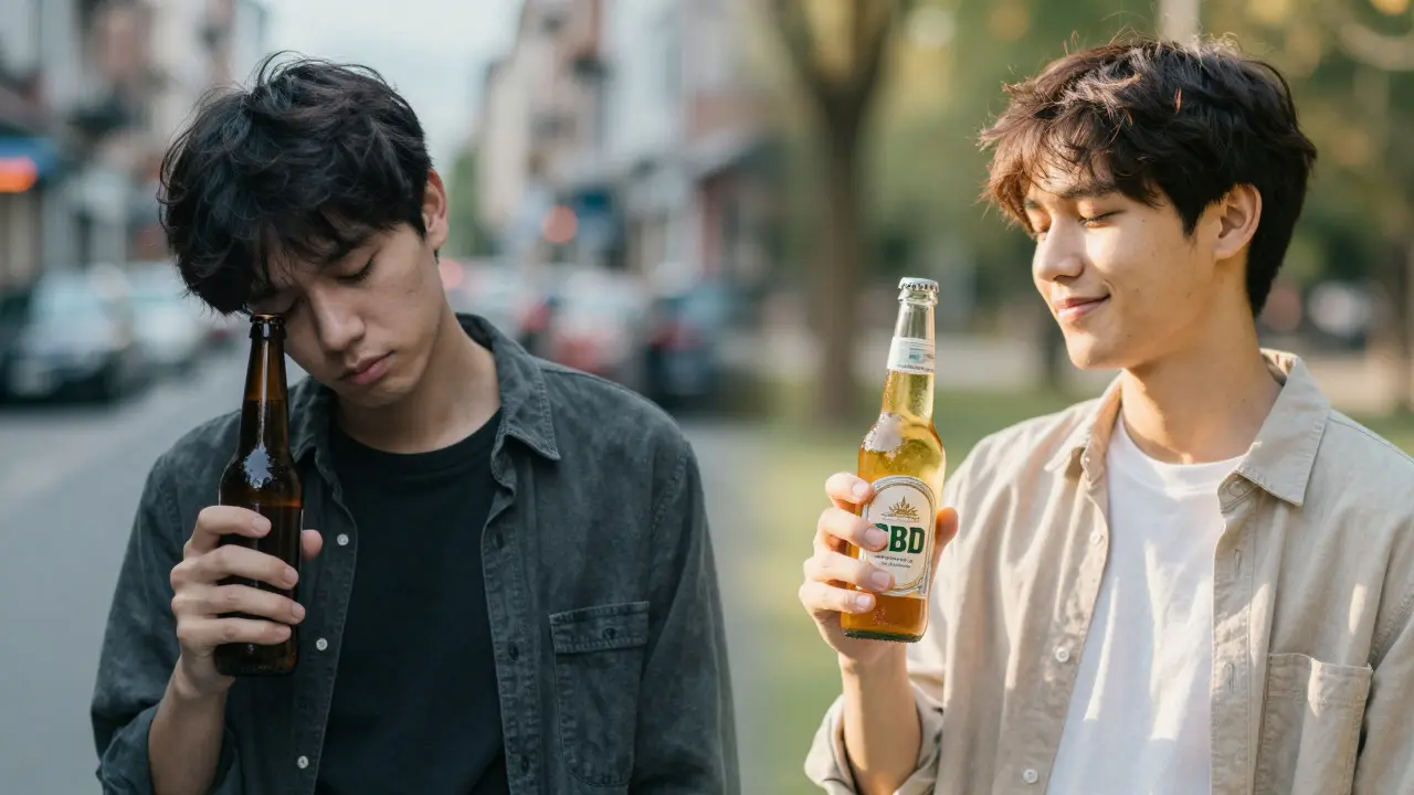 Vergleich: Ermüdete Person mit Alkohol vs. erfrischte Person mit CBD-Bier
