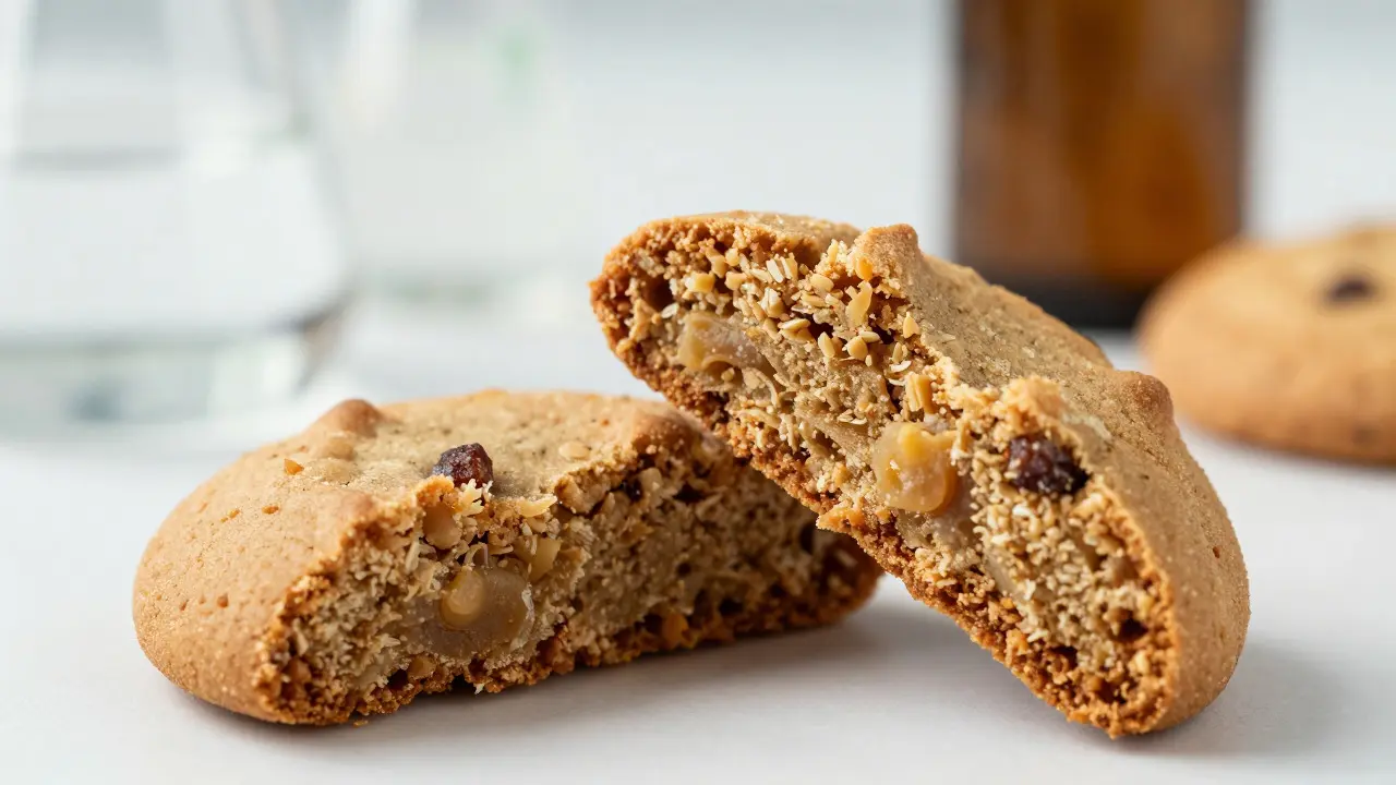 Zerbrochener CBD-Cookie vor unscharfem Laborhintergrund