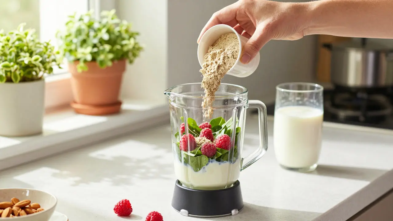 Zubereitung eines Smoothies mit Hanfprotein, Himbeeren und Grünzeug